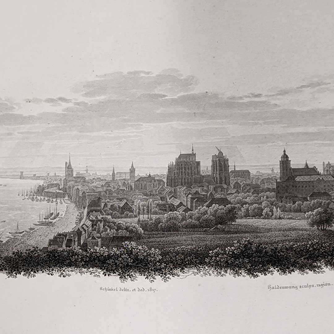 Ein Foto der Stadt Köln im Jahr 1817. Der Kölner Dom ist im Aufbau, auf dem Gebäude steht ein Kran.