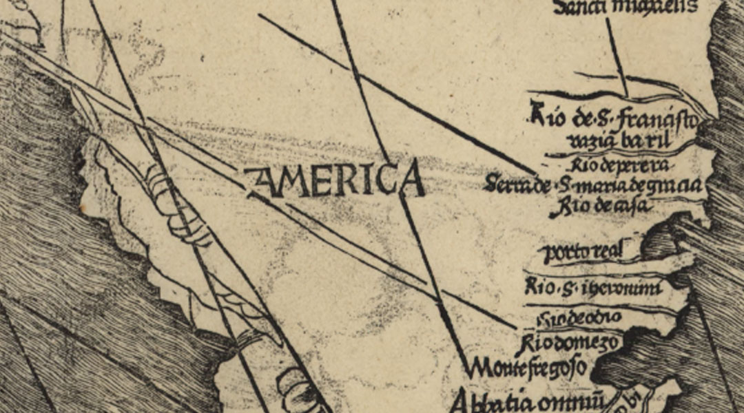Die Abbildung von einem Teil der Waldseemüllerkarte von 1507, abgebildet ist ein Teil Amerikas.