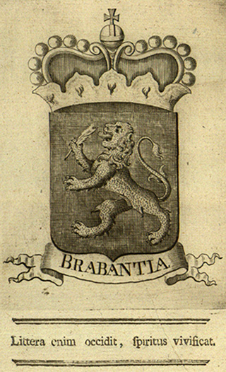 Das Titelblatt "Brabantia - littera enim occidit, spiritus vivificat". Darauf ist ein Löwe der von einer Krone umrahmt wird.