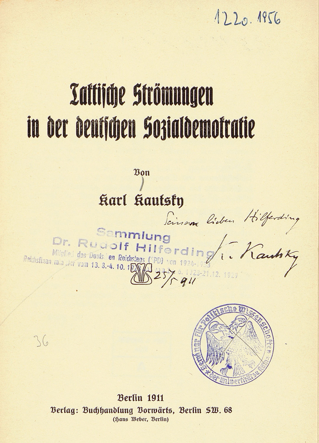 Das Titelblatt einer Widmung von Karl Kautsky aus dem Jahr 1911