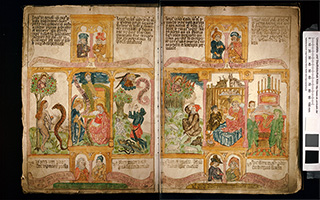 Foto eines Blattes aus dem Blockbuch "Biblia pauperum" um 1465. Es sind Collagen dargestellt und die Seite ist farbreich.