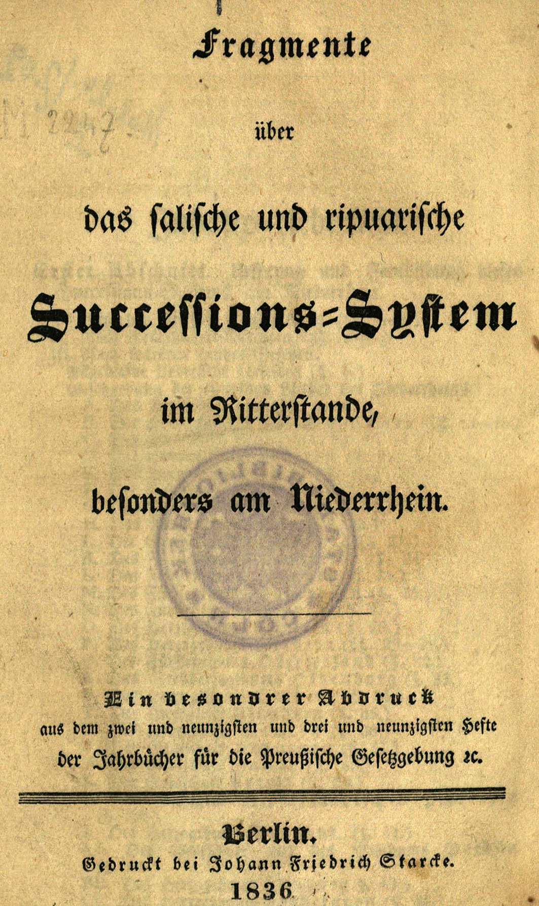 Ein Foto des Titelblatts einer historischen, rheinischen Monographie aus dem Jahr 1836.