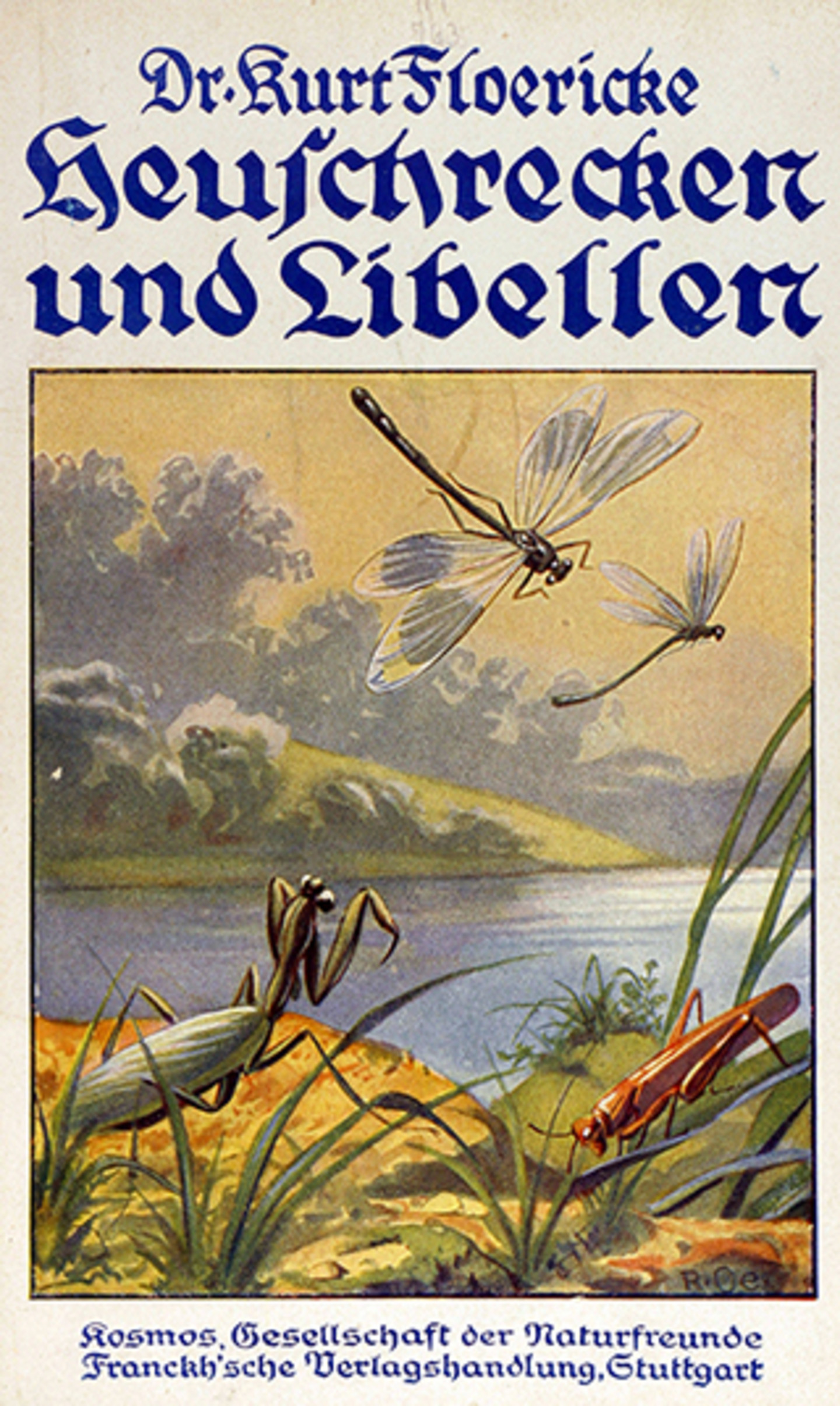Das Titelblatt von "Heuschrecken und Libellen" von Dr. Kurt Floericke. Abgebildet ist eine Heuschrecke vor einem Teich, über dem zwei Libellen fliegen.