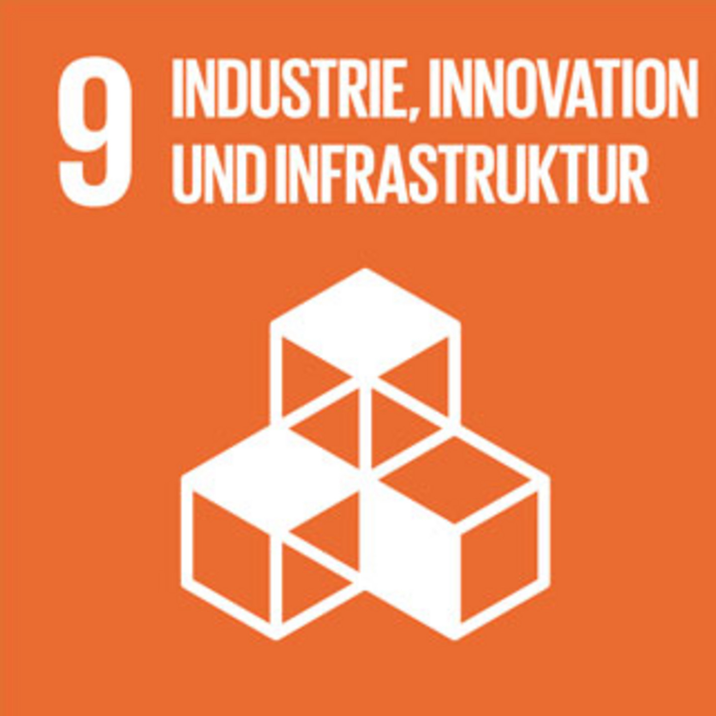Ein orangener Hintergrund mit der Schrift "Industrie, Innovation und Infrastruktur".