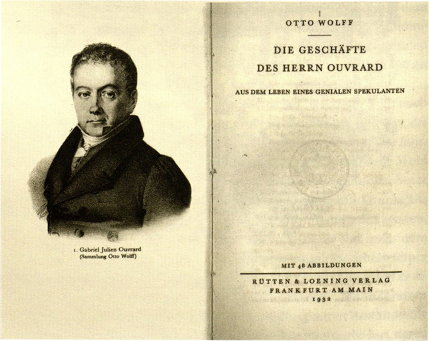 Ein Foto des Titelblatts von Otto Wolff als Autor in "Die Geschäfte des Herrn Ouvrard" im Jahr 1932.