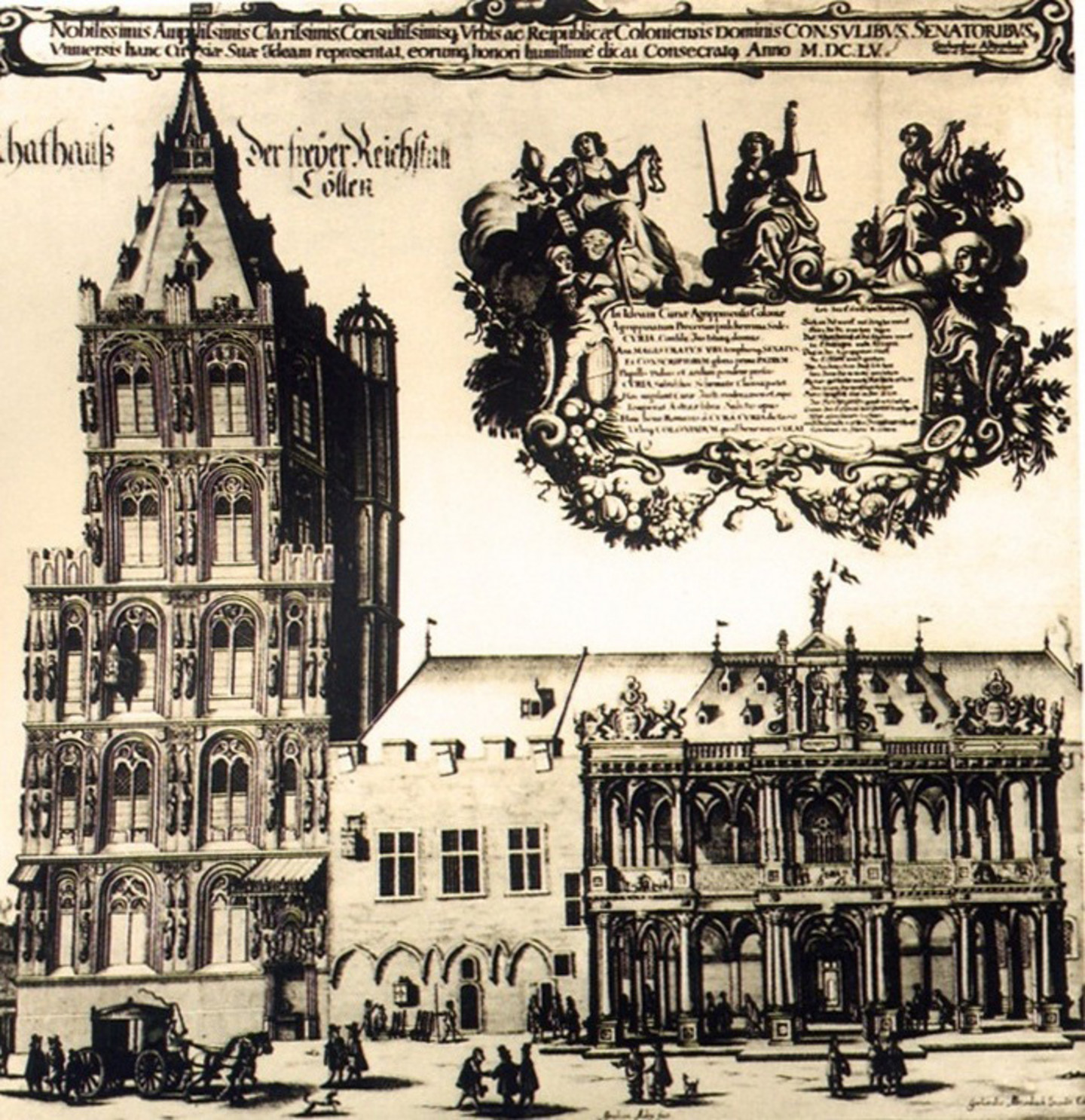 Ein Kupferstich um 1655 von dem Gebäude des Kölner Rathaus.