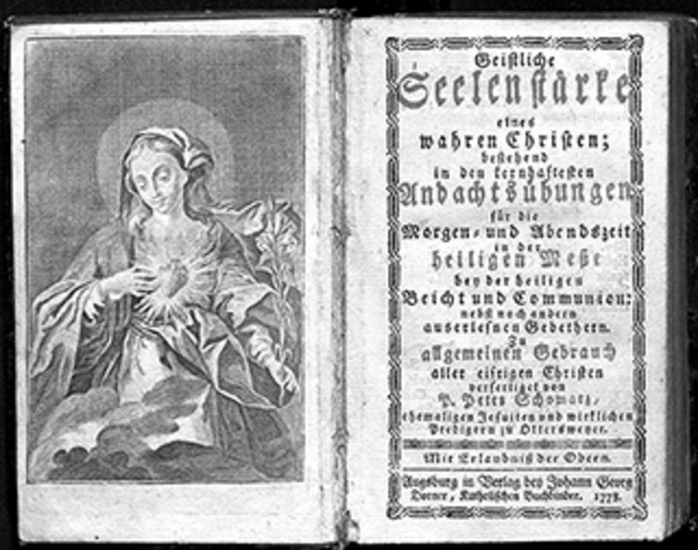 Das Titelblatt der "Geistlichen Seelenharfe eines wahren Christen" aus dem Jahr 1778. Links ist die heilige Maria dargestellt mit einem strahlenden Herzen und einer Blume in der Hand. Rechts ist ein Sprichwort dargestellt.