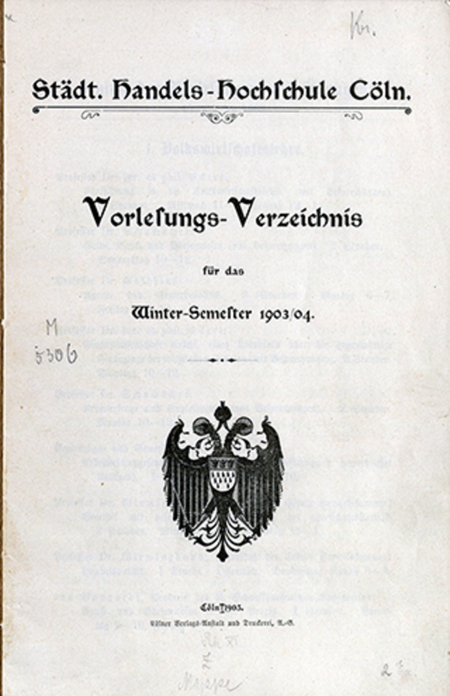 Titelblatt eines Vorlesungsverzeichnisses aus dem Jahr 1903/04.