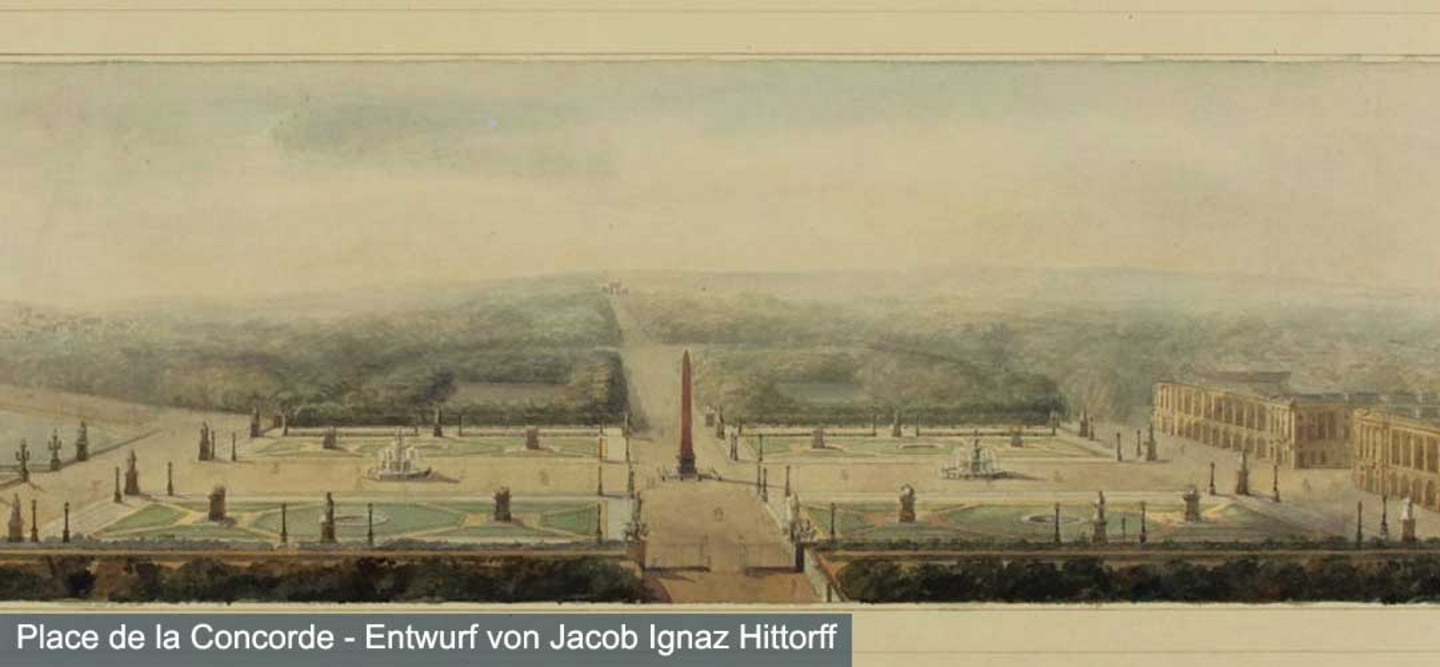 Dargestellt wird ein Entwurf von Jacob Ignaz Hittorf von einem Platz in Paris welcher "Place de la Concorde" genannt wird