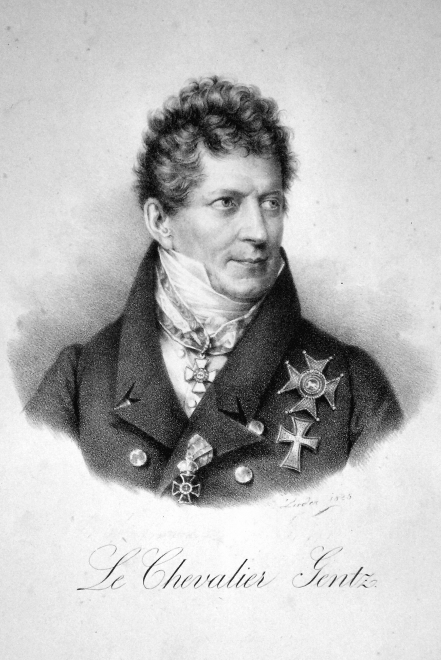 Ein Porträt von dem Diplomat und Staatsmann Friedrich von Gentz, mit dem Blick zur Seite gerichtet. Unter dem Porträt steht die Schrift "Le Chevalier Gentz", also der Ritter Gentz.