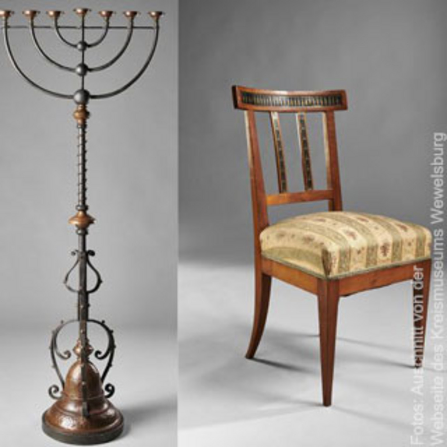 Foto eines historischen Kerzenhalters und eines historischen Stuhls.
