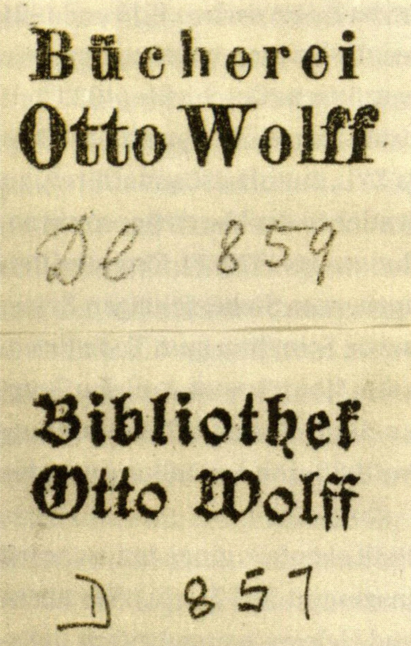 Die Exlibris von Otto Wolff trägt die Schrift "Bücherei Otto Wolff" (DE 859) - Bibliothek Otto Wolff (D 857)".