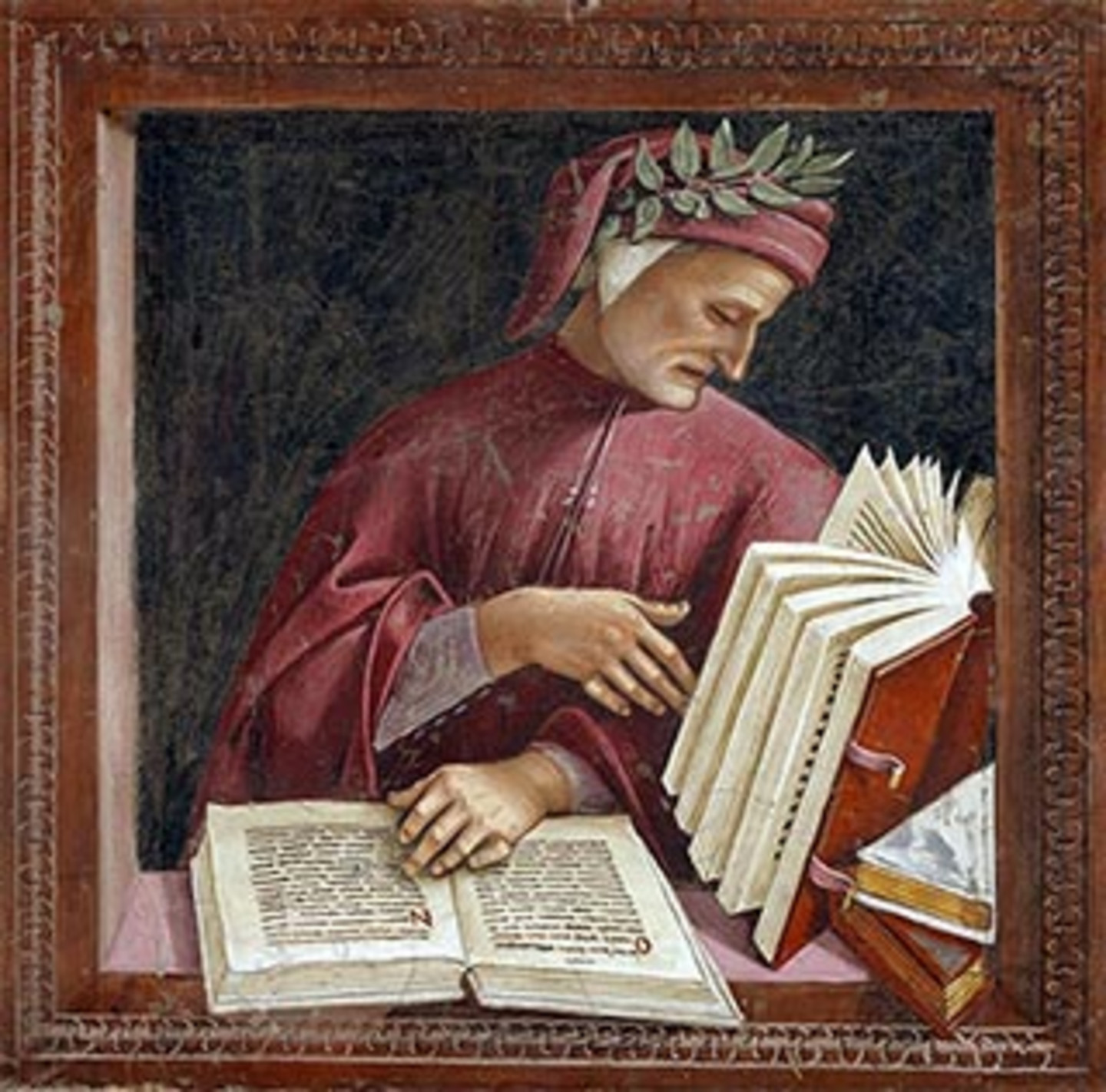 Ein Porträt von Dante Alighieri wie er den Blick in ein Buch wirft; ein weiteres Buch liegt aufgeschlagen vor ihm.