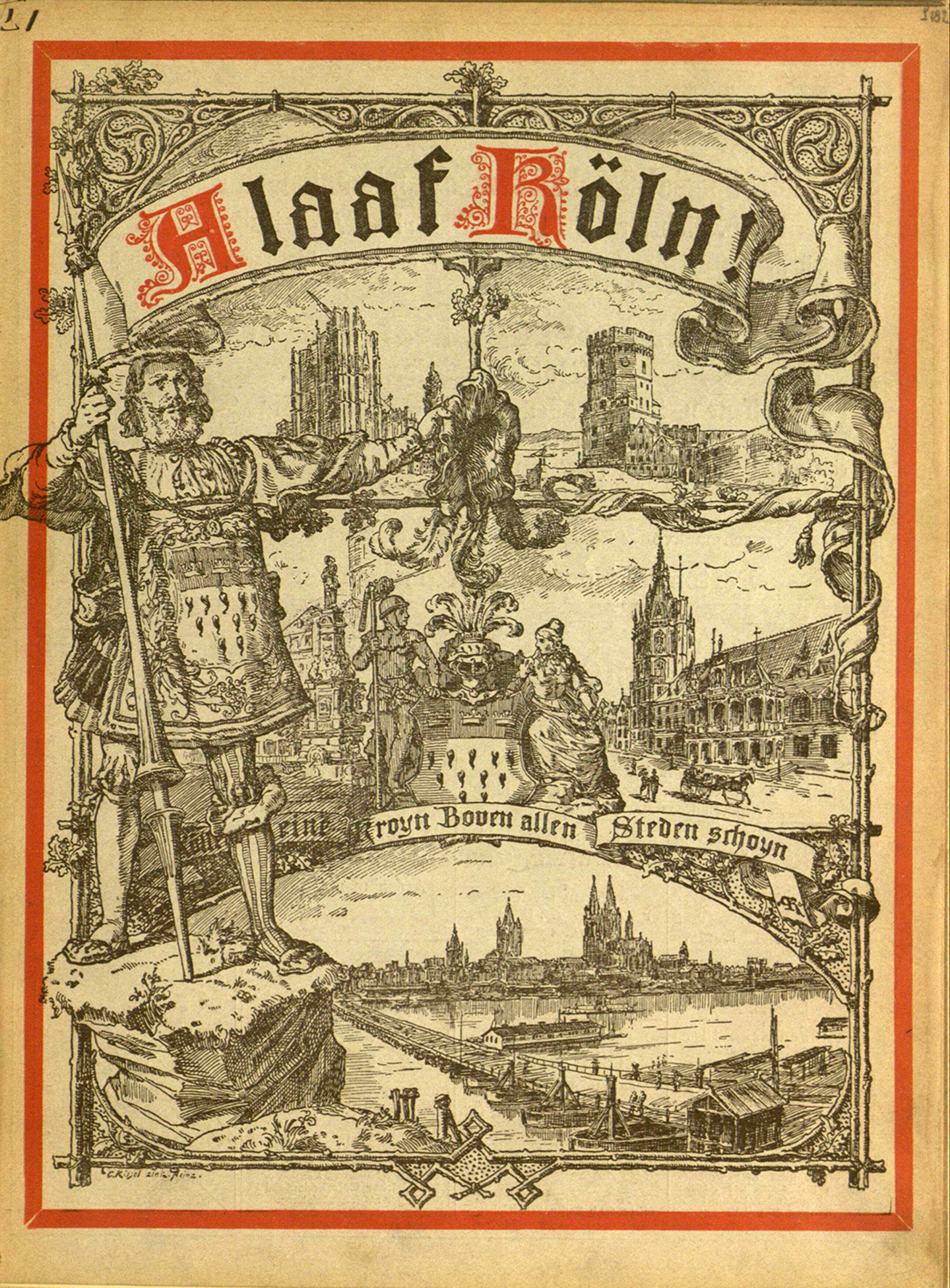 Das Titelblatt von Alaaf Köln, auf dem ein aufrecht stehender Mann abgebildet ist. Im Hintergrund sind Elemente des historischen Kölns abgebildet.