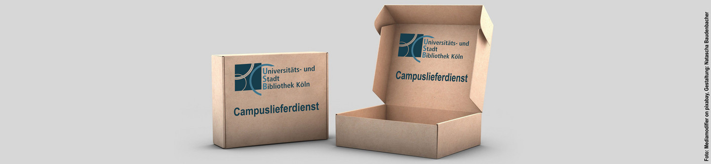 Zwei Pappkartons mit USB Logo und Schriftzug Campuslieferdienste