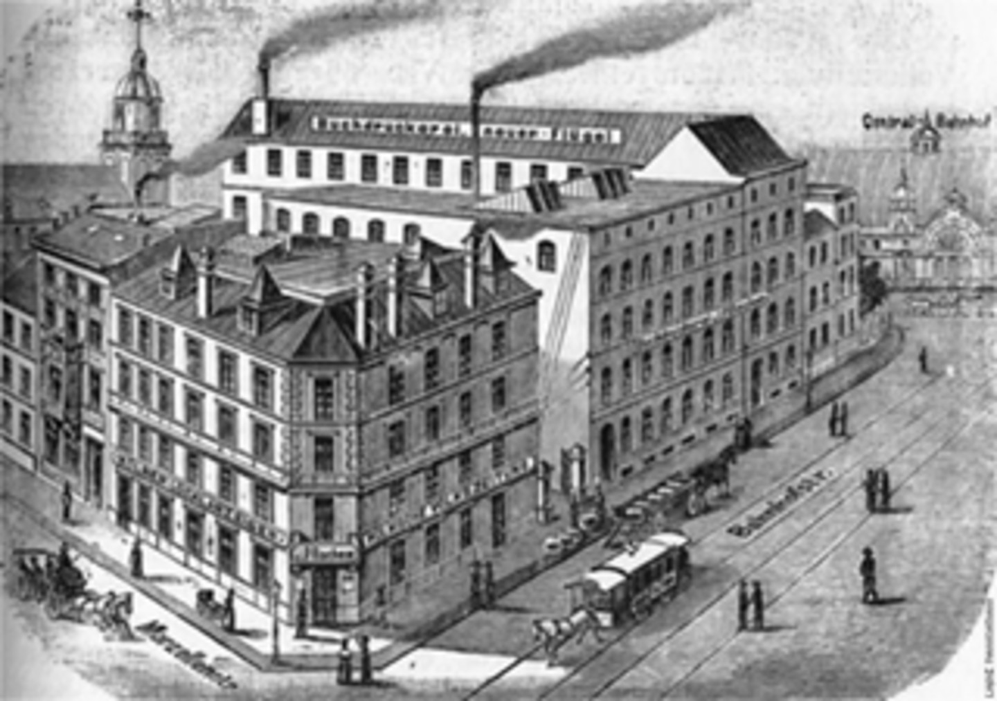 Eine historische Darstellung des Geschäftshaus und Buchdruckerei von 1889-1902. Das Gebäude befindet sich an einer Straße auf der sich einige Menschen befinden.