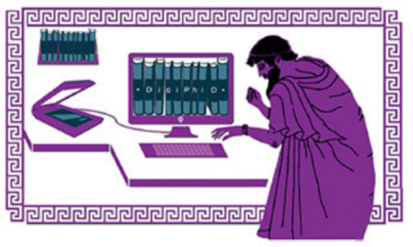 Historische Grafik eines Römers an einem Computer.