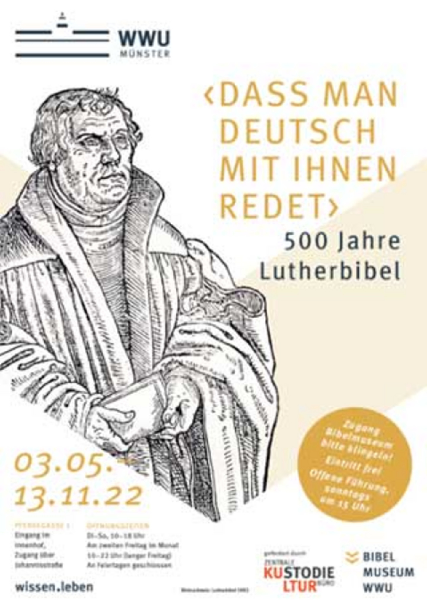 Plakat mit einer Zeichung von Martin Luther und der Überschrift "dass man deutsch mit ihnen redet".