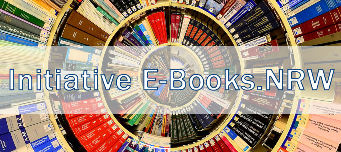 Viele Bücher in unterschiedlichen Farben als Spirale mit Schriftzug "Initiaive E-Books.NRW."rw"