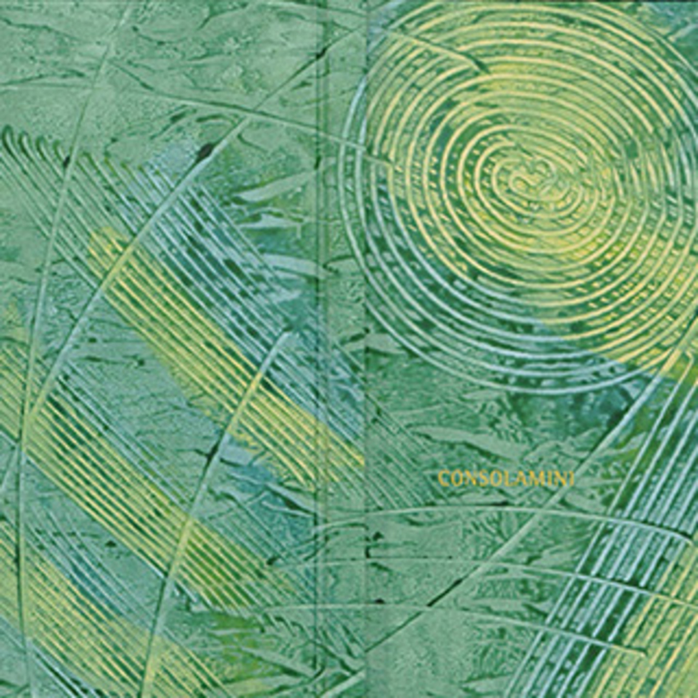 Eine blau-grün-gelbe Malerei. Zu erkennen sind Kreise und Striche in randomisierter Ausrichtung.