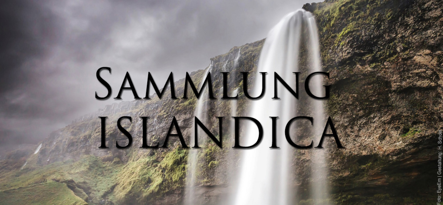 Ein Foto eines Wasserfalls mit düsterem Himmel im Hintergrund. Das Foto hat die Aufschrift "Sammlung Islandica".