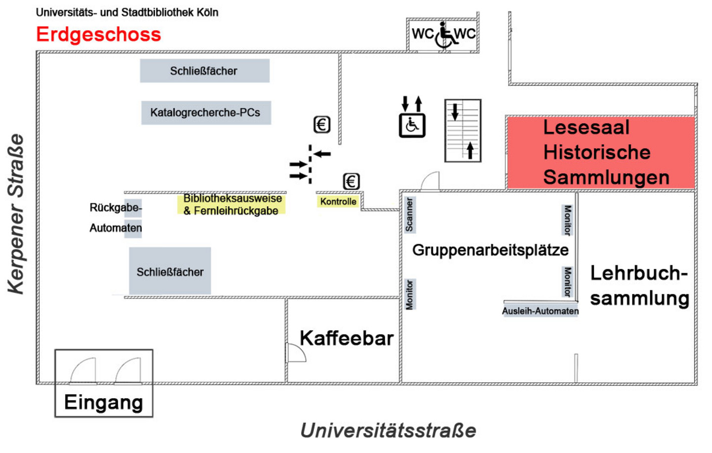 Lageplan des Ergeschosses der Universitäts- und Stadtbibliothek Köln. Hervorgehoben ist der Lesesaal Historische Sammlungen.