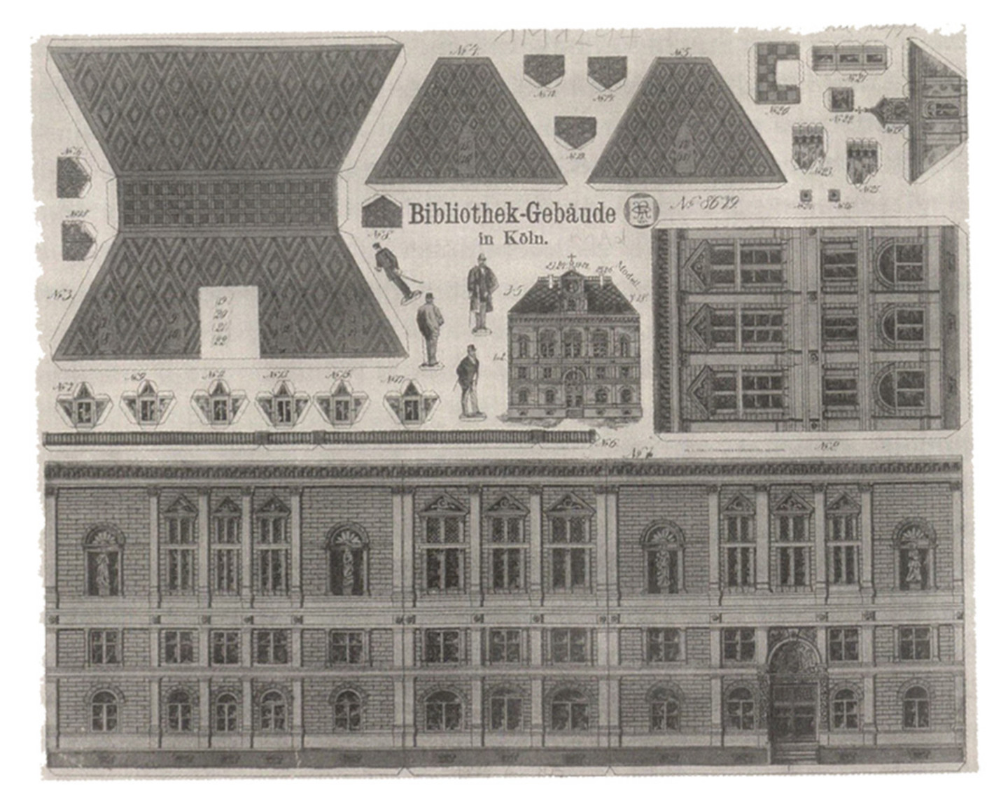 Ein Ausschneidebogen mit dem Gebäude der Gymnasialbibliothek um 1900; mit Figuren wie auch einzelne Elemente des Gebäudes zum Ausschneiden.