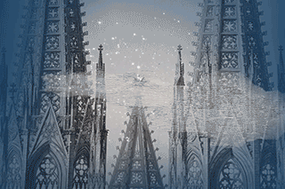 Animierte Bilddatei eines Kupferdrucks mit bläulicher Einfärbung. Ein Detailaussicht der beiden Türme des Kölner Doms, die langsam größer werden und den Fokus auf den Stern, auf dem Vierungsturm zeigen, der zwischen den beiden Türmen legt.