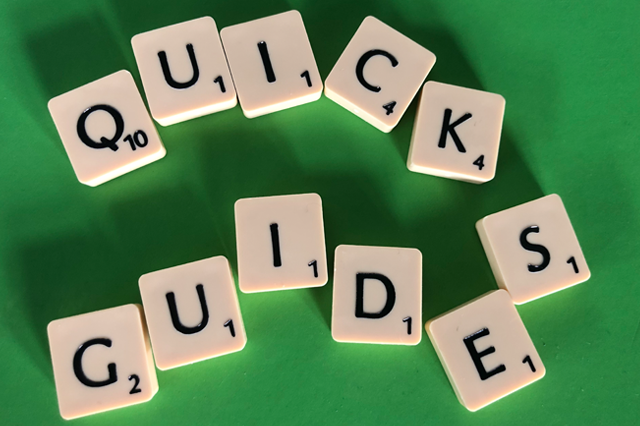 Scrabblebuchstaben, die Quickguides buchstabieren