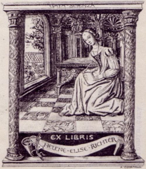 The bookplate, the ownership mark, of Helene Richter and her sister Elise Richter. Pictured is a woman leaning with her body to the ground.