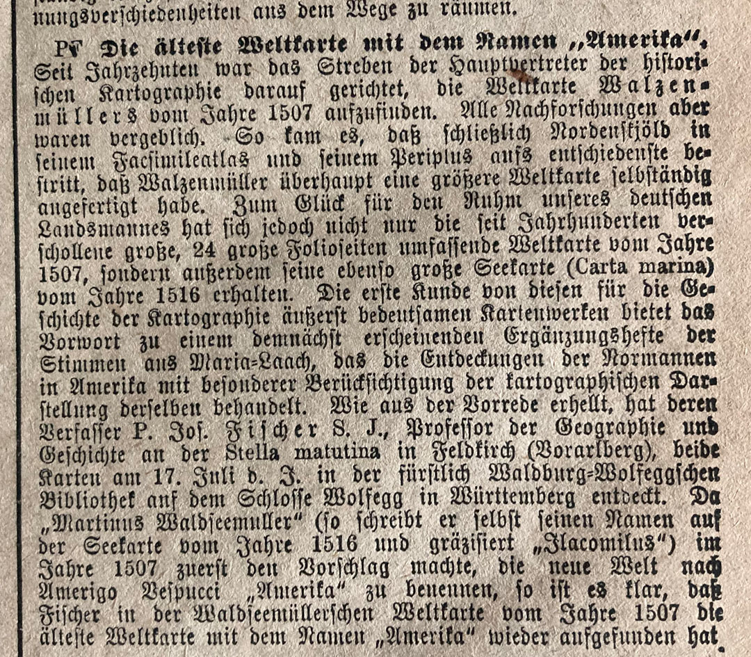 Ein Scan von dem Artikel der Kölnischen Volkszeitung über den Fund der Waldseemüllerkarte von 1507, erschienen im Jahre 1901 in der Abendausgabe unter der Rubrik "Welt und Wissen".