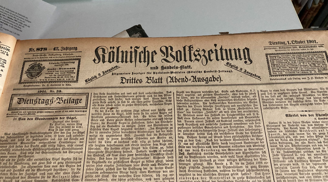 Ein Bericht über den Sensationspfund dr Waldseemüllerkarte in der Kölnischen Volkszeitung. Erschienen ist der Bericht am 01. Oktober 1901, auf dem dritten Blatt der Abendausgabe.