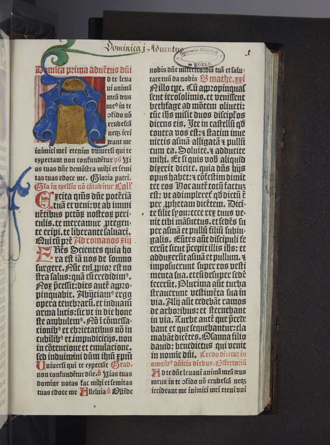 Historische Buchseite mit einer blau-goldenen Zierinitiale.