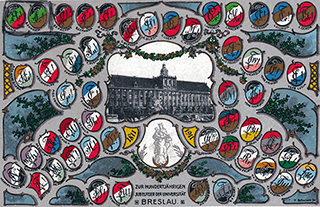 Foto einer Couleurkarte "Zur hundertjährigen Jubelfeier der Universität Breslau". Darauf abgebildet ist ein Foto der Universität und drum herum viele verschiedene Wappen.