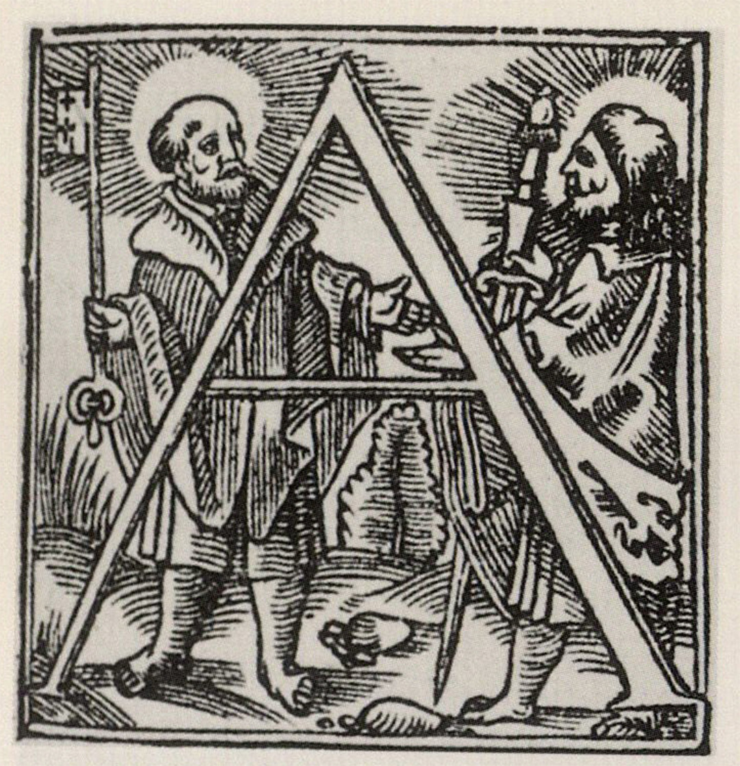 Eine Darstellung der Initiale "A" aus Johannes Gropper; im Hintergrund sind zwei Männer zu sehen. Die Männer strahlen Heiligkeit aus.