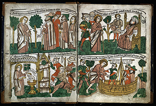 Foto eines Blattes aus dem Blockbuch "Apocalypsis" um 1465. Es sind Collagen dargestellt und die Seite ist farbreich.