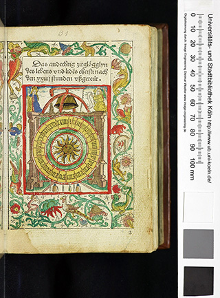 Foto des Titelblatts "Bertholdus: Zeitglöcklein des Lebens und Leidens Christi". Der Rahmen ist bunt und mit Pflanzen wie auch verschiedensten Tierarten versehen. In der Mitte ist eine Sonne abgebildet, darüber befinden sich Engel und eine Glocke.