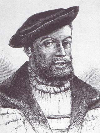Gezeichnetes Porträt von Georg Sabinus, der Gründungsrektor der Albertina (Universität zu Königsberg). Er trägt einen Hut und einen Vollbart.