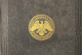 Foto des goldenen Wappens von "Skizzen zu dem Tagebuche von Adalbert Prinz von Preussen".