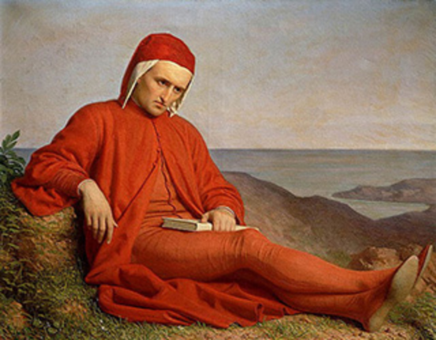 Ein Ganzkörper-Porträt von Dante Alighieri mit dem Titel "Dante in esilio" ; circa aus dem Jahr 1860 ; Dante sitzt angelehnt an einen Felsen auf dem Boden mit einem Buch in der Hand und Meer im Hintergrund.