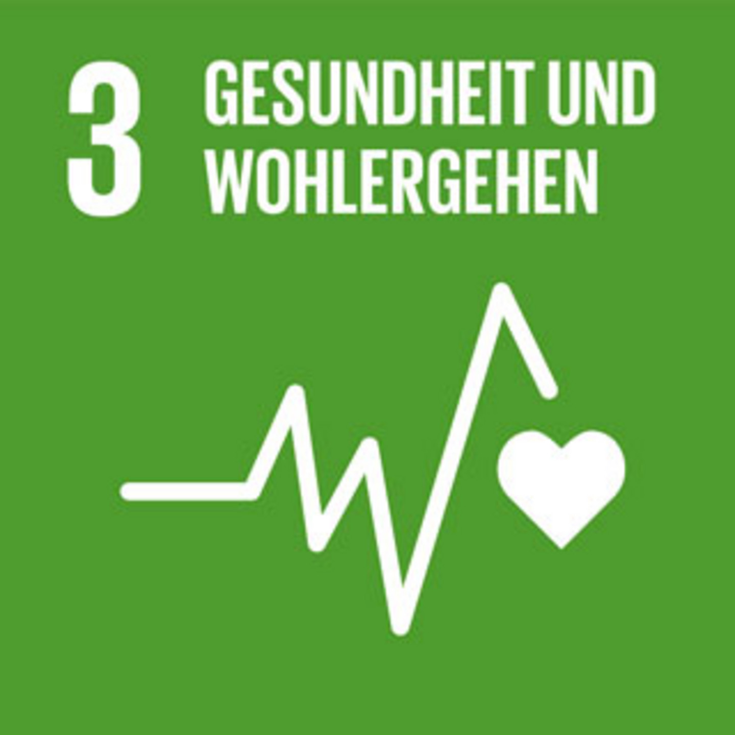 Ein grüner Hintergrund mit der Schrift "Gesundheit und Wohlergehen". Abgebildet ist ein Symbol des Herzschlags.