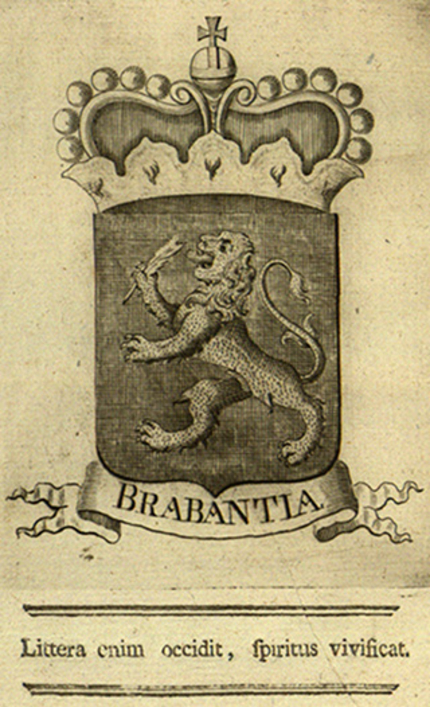 Das Titelblatt "Brabantia - littera enim occidit, spiritus vivificat". Darauf ist ein Löwe der von einer Krone umrahmt wird.