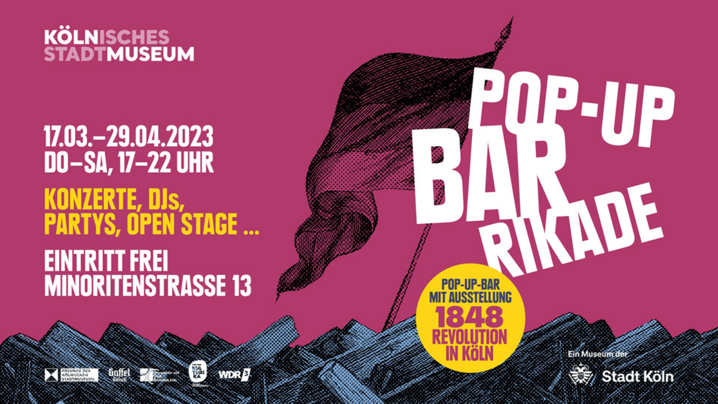 Pink poster of the "Pop-Up Bar-Rikade" event.