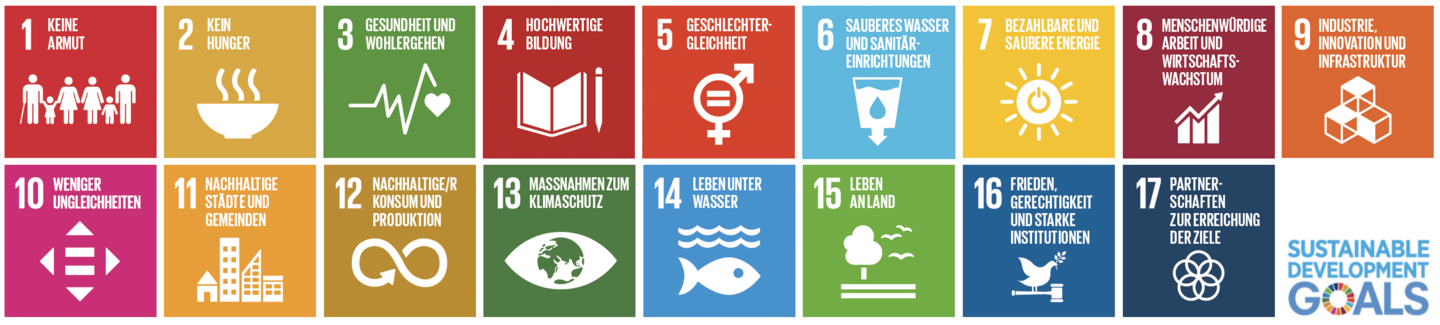 Die 17 Ziele der Agenda 2030 werden in quadratischen Kacheln in zwei Reihen untereinander dargestellt. Unten rechts im letzten freien Feld steht: Sustainable Development Goals
