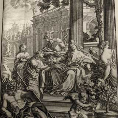 Historical image of several people in large robes, sitting on a staircase.