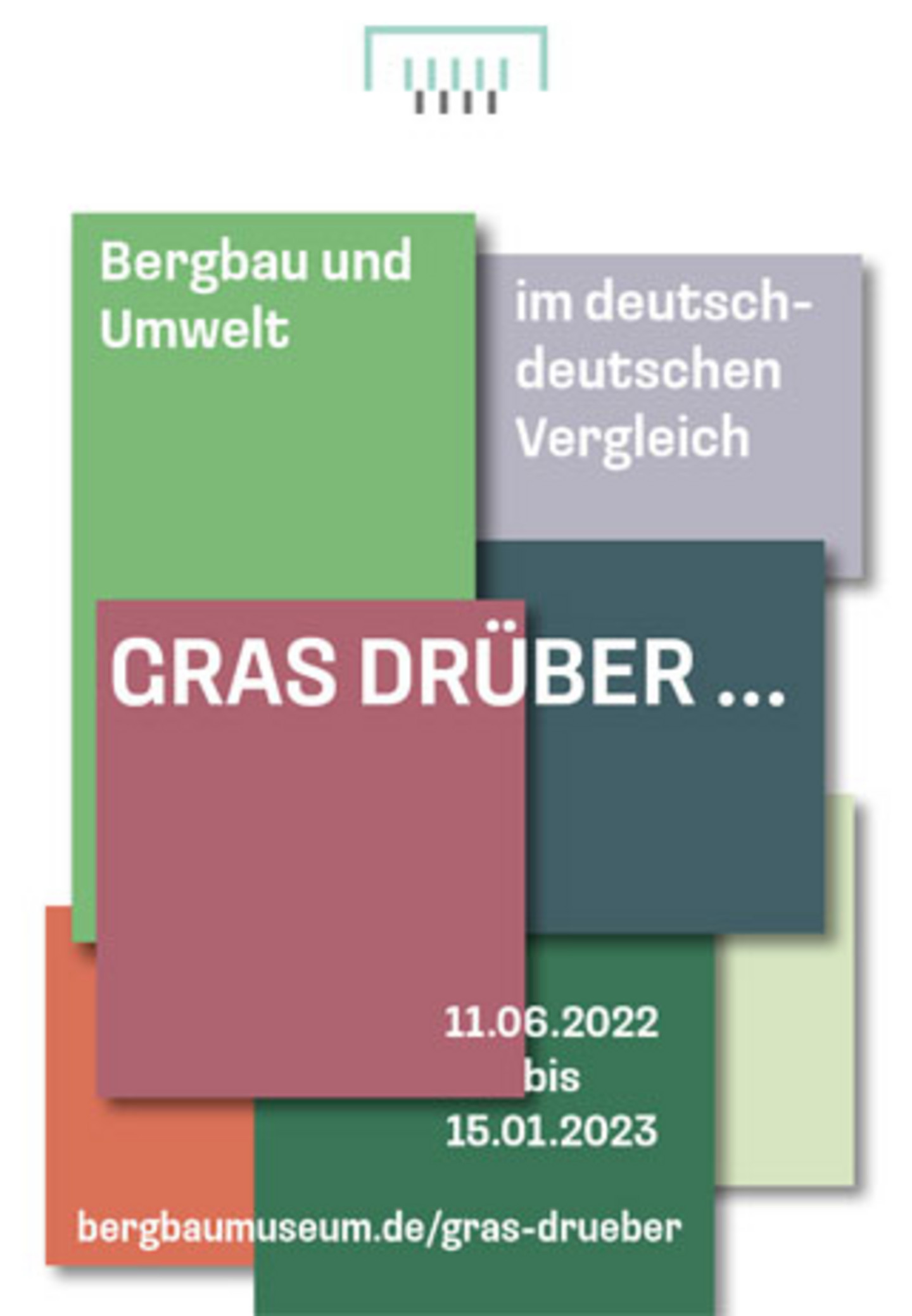 A poster with different coloured squares and the white text "Mining and the environment in a German-German comparison - GRASS DRÜBER...".