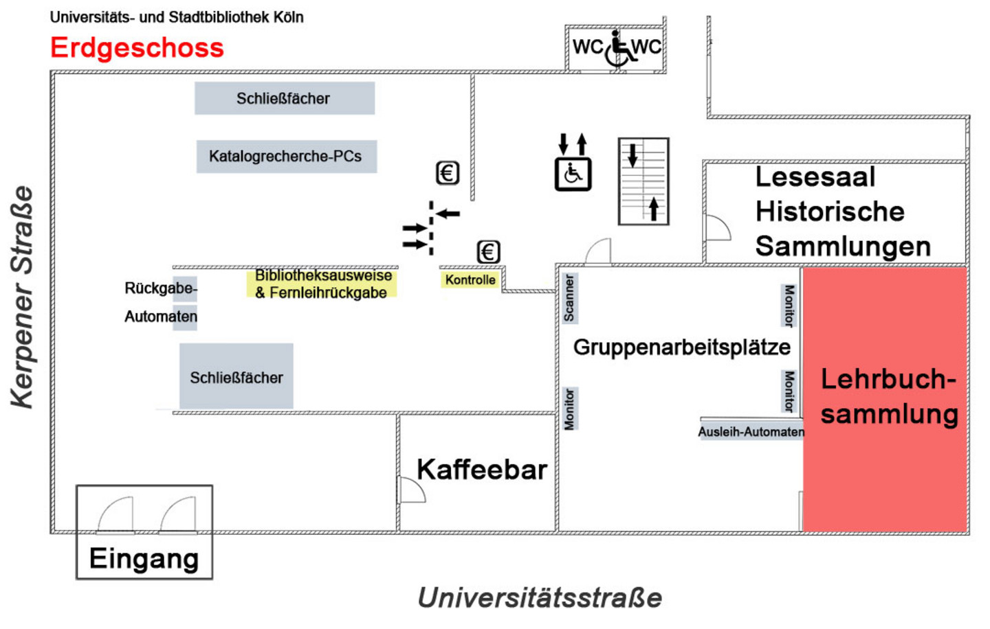 Lageplan des Ergeschosses der Universitäts- und Stadtbibliothek Köln. Hervorgehoben ist die Lehrbuchsammlung.