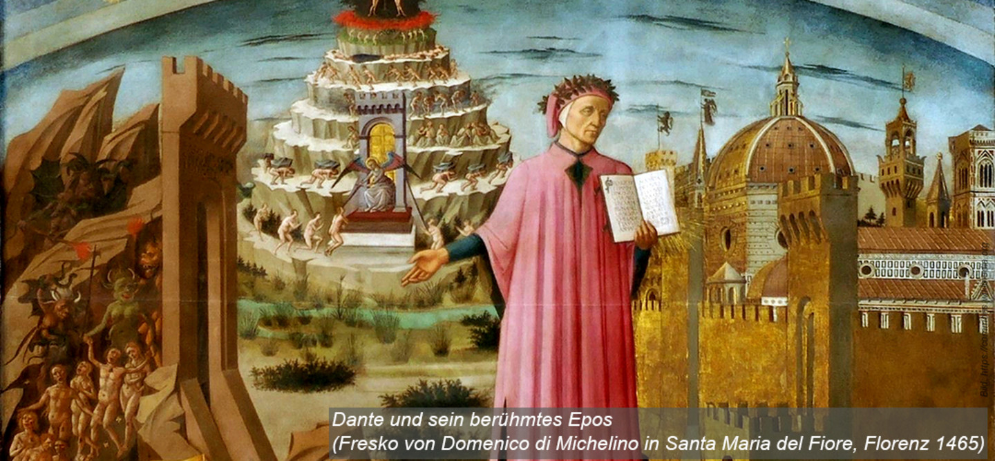 Eine Abbildung von Dante Alighieri mit seiner berühmten Erzählung in der Hand. Im Hintergrund ist die Stadt Florenz abgebildet im Jahr 1465.