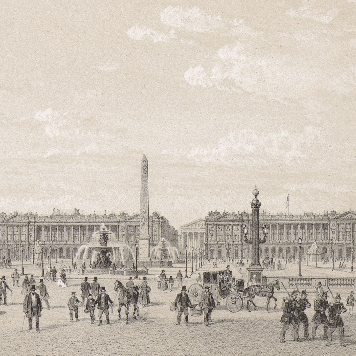 Zeichnung von Hittorff: Dargestellt ist ein Ausschnitt des Place de la Concorde mit dem Obelisken von Luxor und zwei Brunnen. 