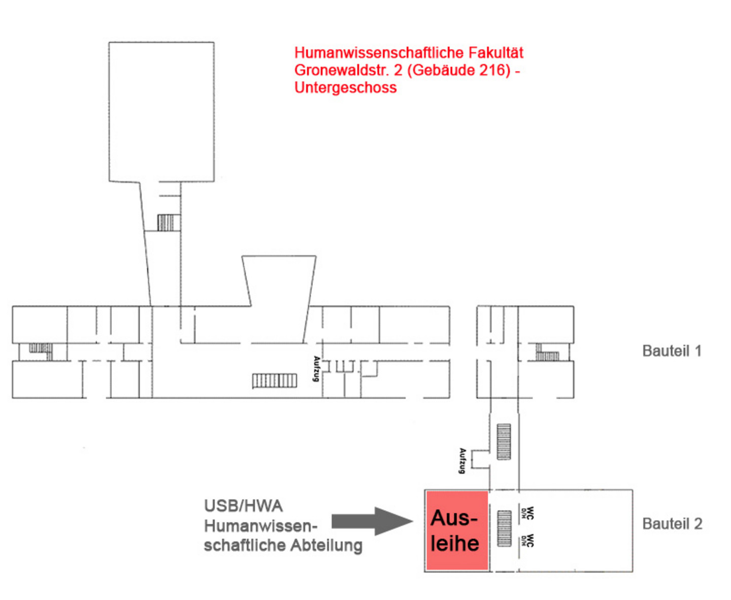 Lageplan des Untergeschosses der Humanwissenschaftlichen Fakultät, Gronewaldstr. 2. Markiert ist die Ausliehe der Humanwissenschaftlichen Abteilung der Universitäts- und Stadtbibliothek Köln.